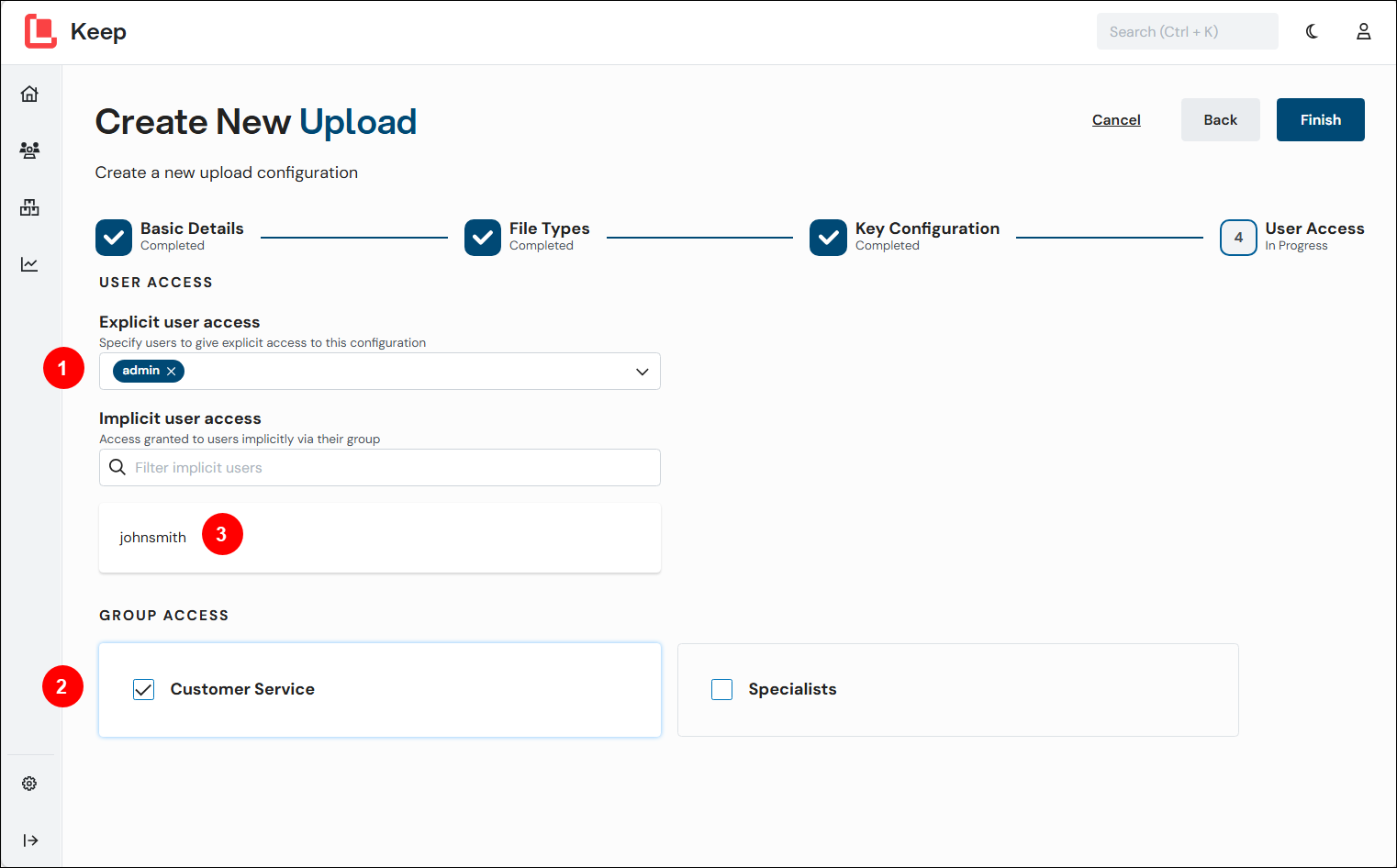The User Access page of the Create New Upload process.